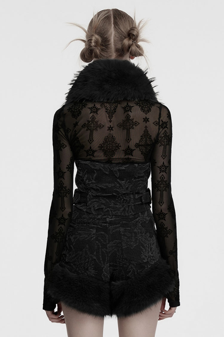 Dark Black Faux Fur Collar Jacquard Sleeveless Halter Gothic Top