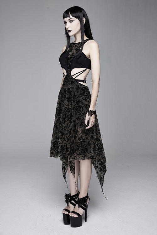 Semilucent Queen Cross Flocked Mesh Sleeveless Gothic Dress