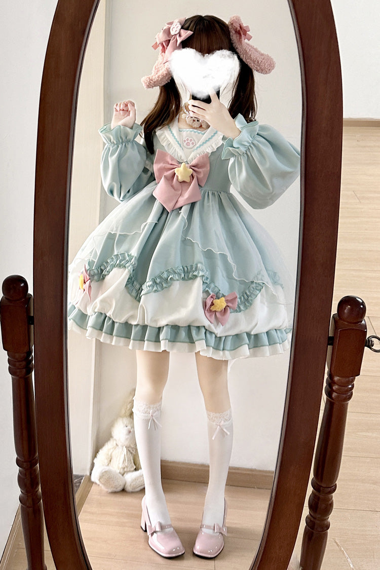 Pray Star Sweet Lolita Dress with Double Ruffles and Stitching