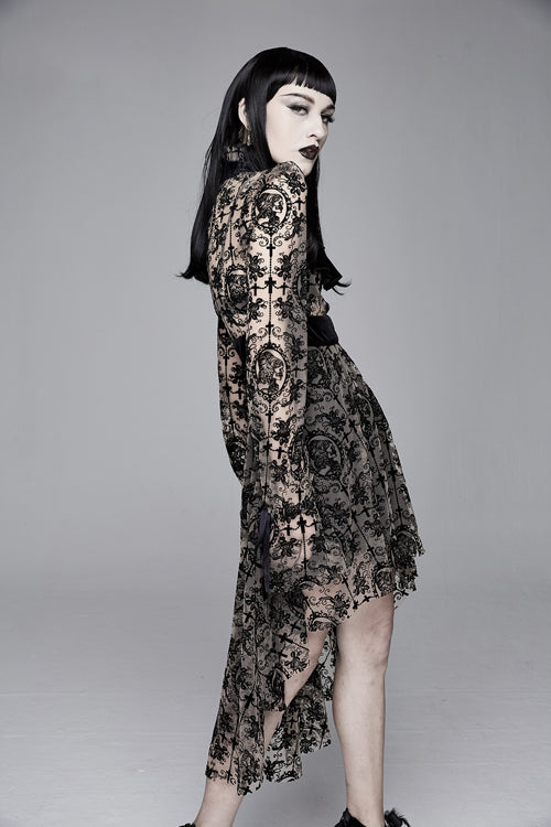 See-Through Printed Velvet Belted Gothic Dress with Tie