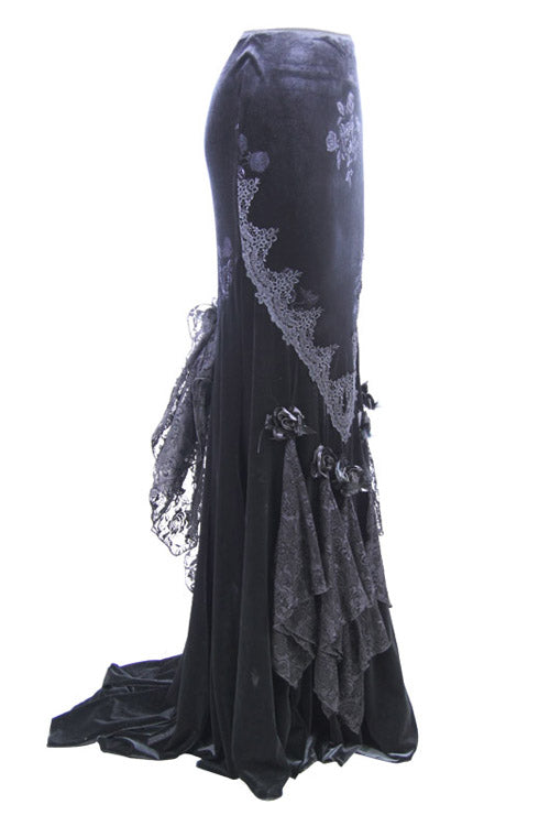 Sable Rose Embossed Velvet Long Half-Fishtail Skirt for Women