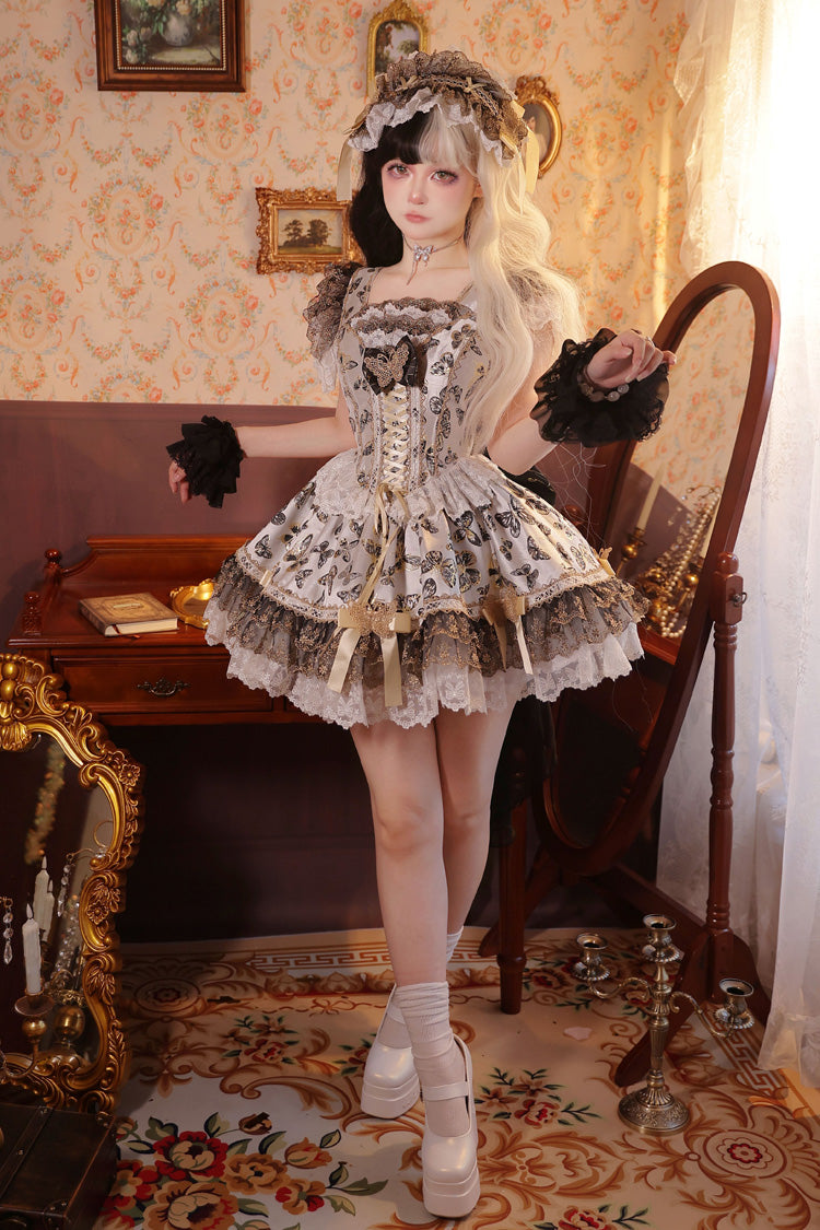 Cream Sleeveless Print Ruffle Bowknot Lace-Up Sweet Princess JSK Dress Set