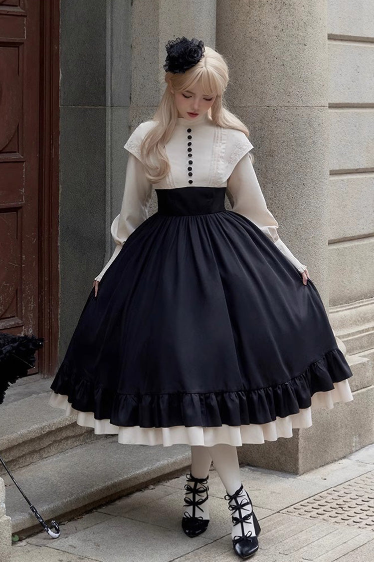 Elegant Rose-Embroidered Long-Sleeve Ruffle Bow Dress with Faux Two-Piece Style in 2 Shades