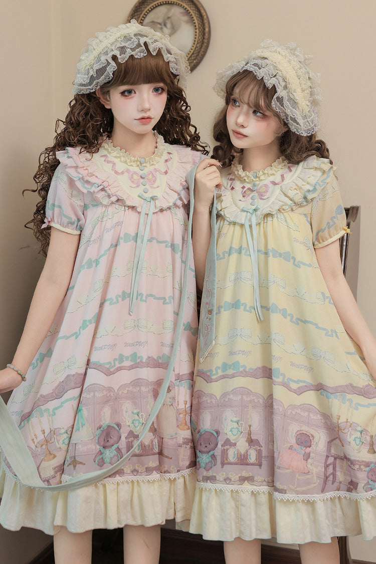 Brown Dollhouse Short Sleeves Bear Printed Ruffled Bow Sweet Lolita Dress Set - Pink