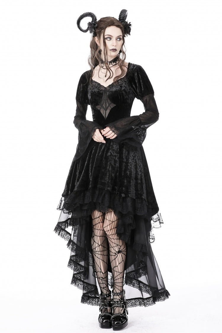 Onyx Velvet Gown with Puffed Sleeves and Asymmetric Lace Trim