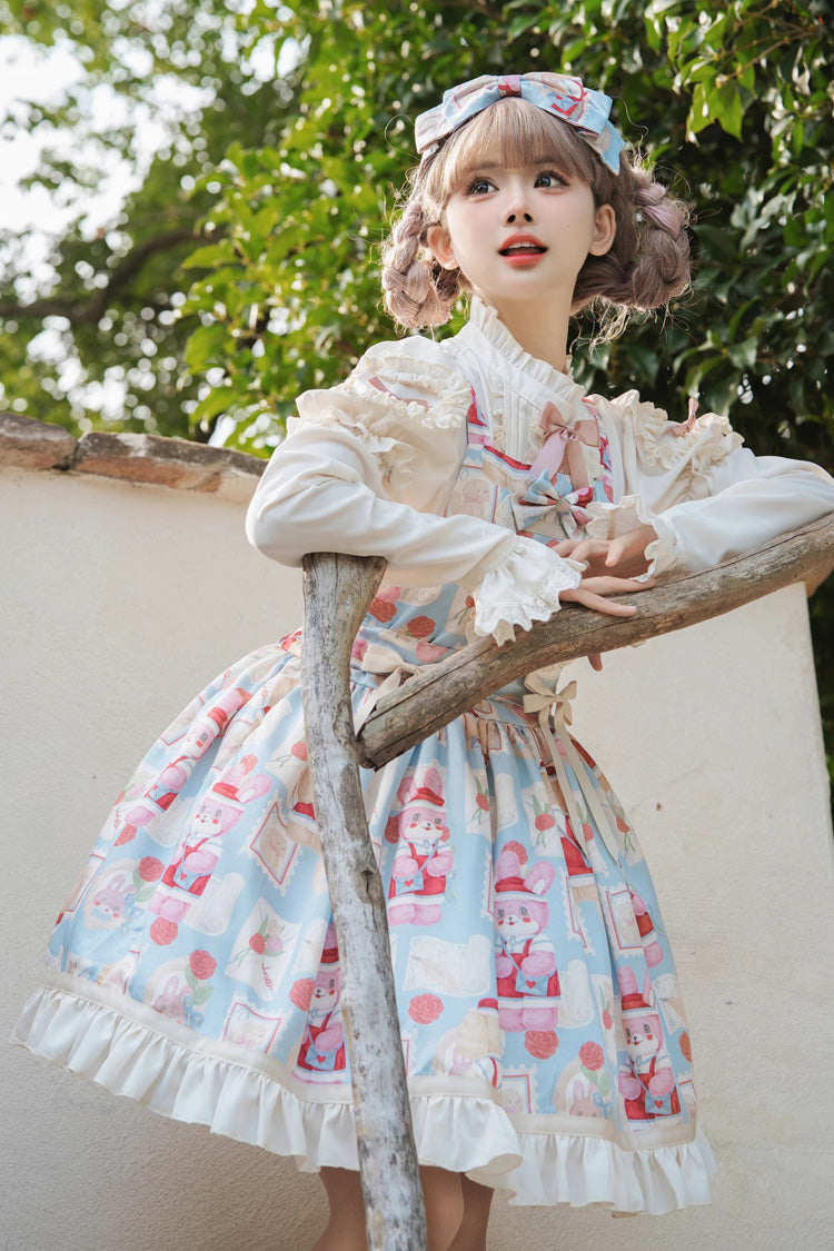 Light Blue Rabbit Letter Printed Ruffled Bow Sweet Princess Lolita Strap Dress