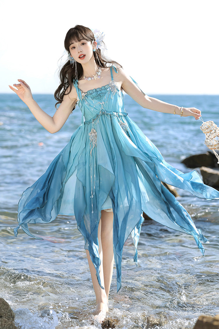 Gradient Print Irregular Hooded Sweet Lolita Jumper Dress Cloak Set - Blue
