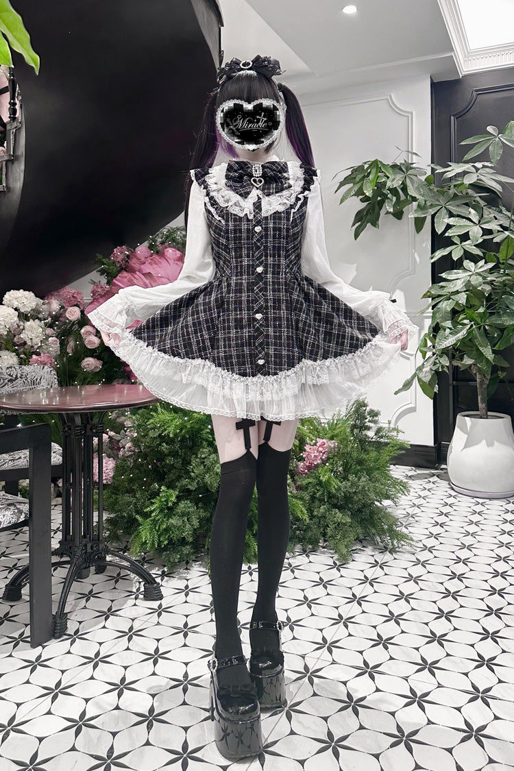 Black Plaid Print Ruffle Bow Lace Sweet Jirai Kei Dress with Shorts