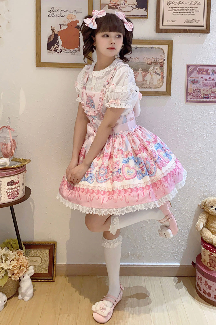 Milky Berry Bear Printed Pink Bow Stitching Lace Sweet Lolita Strap Dress - Miss Brown