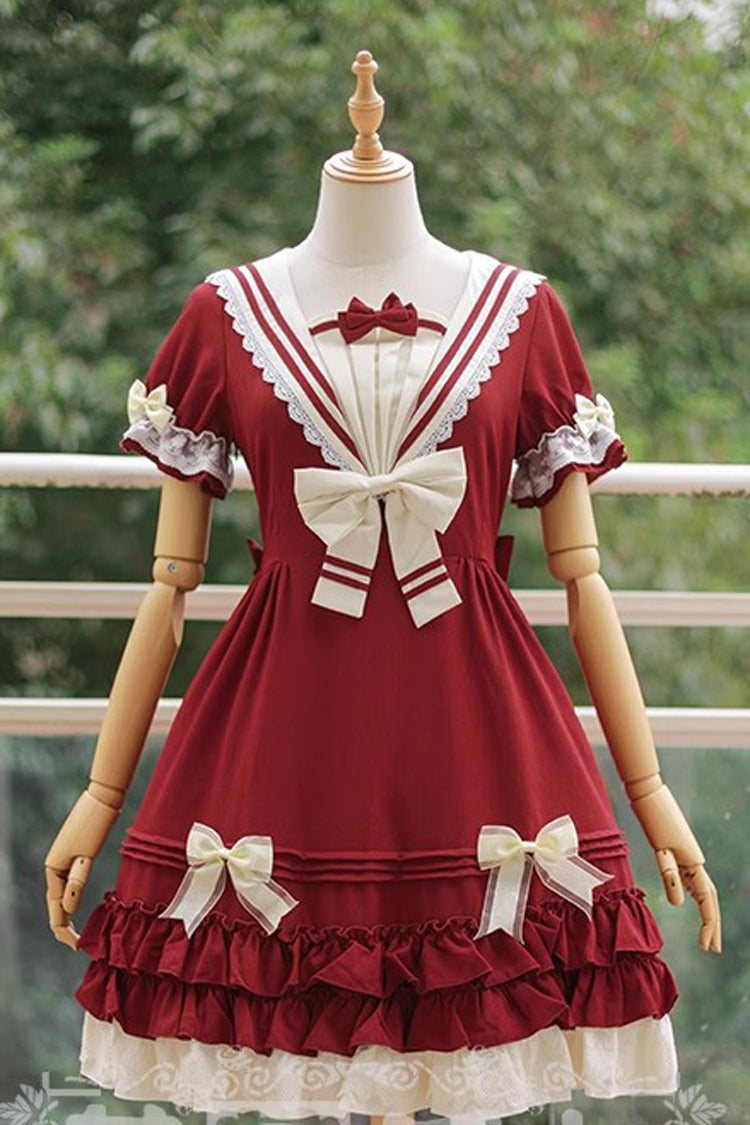 Navy-Inspired Sweet Lolita Dress with Short Sleeves and Bow in 4 Colorways