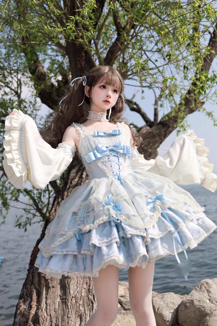 Blue Apricot Sleeveless Multi-Layer Ruffled Lace-Up Sweet Jsk Dress