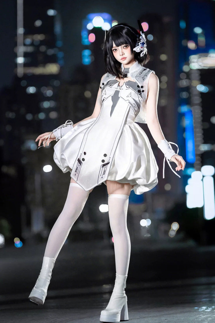 Ivory Printed Sci-Fi Techwear Punk JSK Dress Set - Tech Light Realm