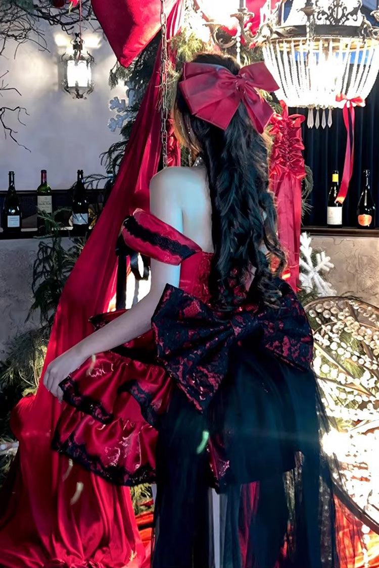 Sweet Lolita JSK Dress with Ruffled Lace and Lace-Up Back - Red