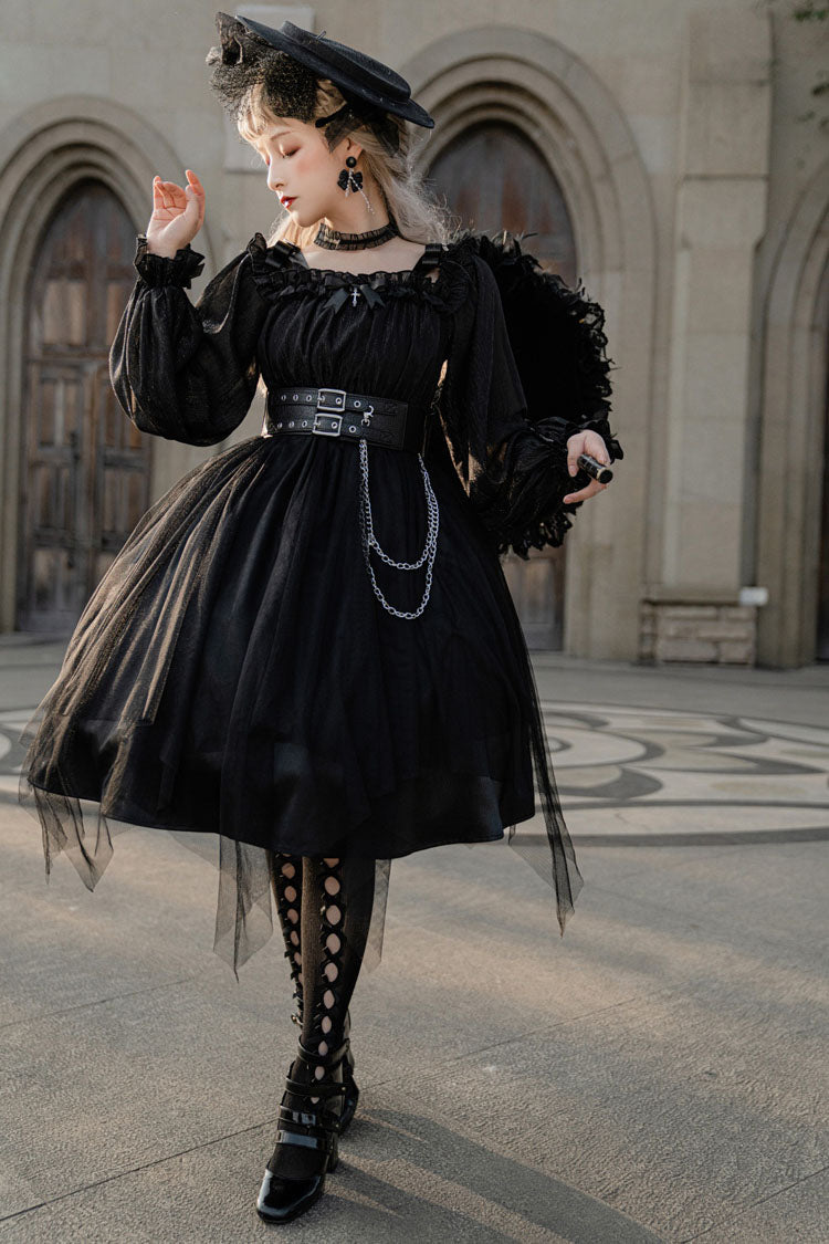 Black Square Collar Gothic Lolita OP Dress Metal Chain Organza Stitching - Altfashion Shop