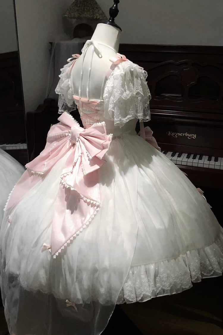 Ivory and Pink Snow of Love Ruffled Hanayome Open-Front Bow Lace Sweet Princess Lolita Dress