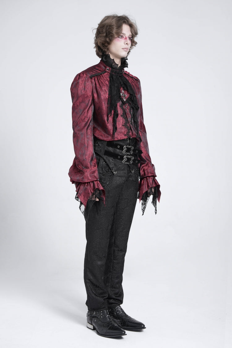 Crimson Puff Sleeve Men's Gothic Shirt with Lace Tie