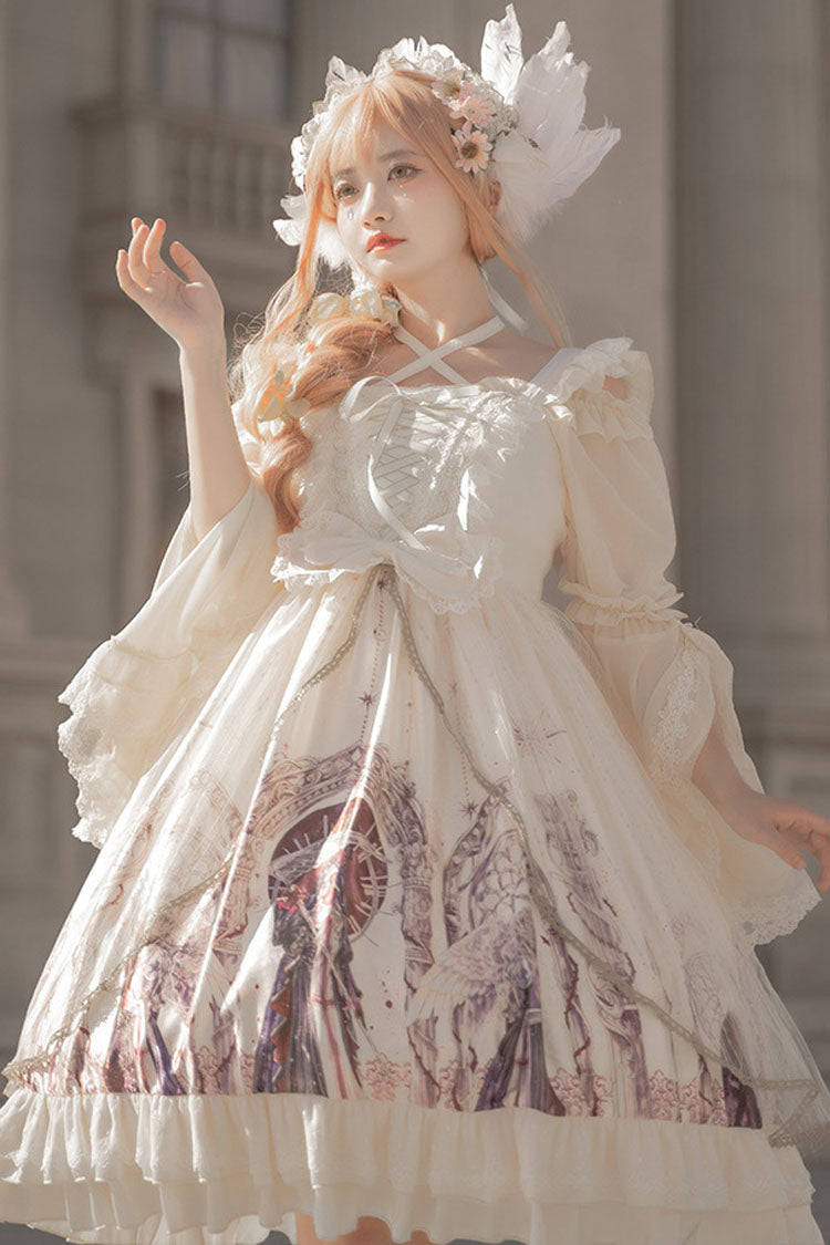 Ivory Gothic Lolita JSK Dress with Angel Wings Print and Mesh Ruffles - Altfashion Shop