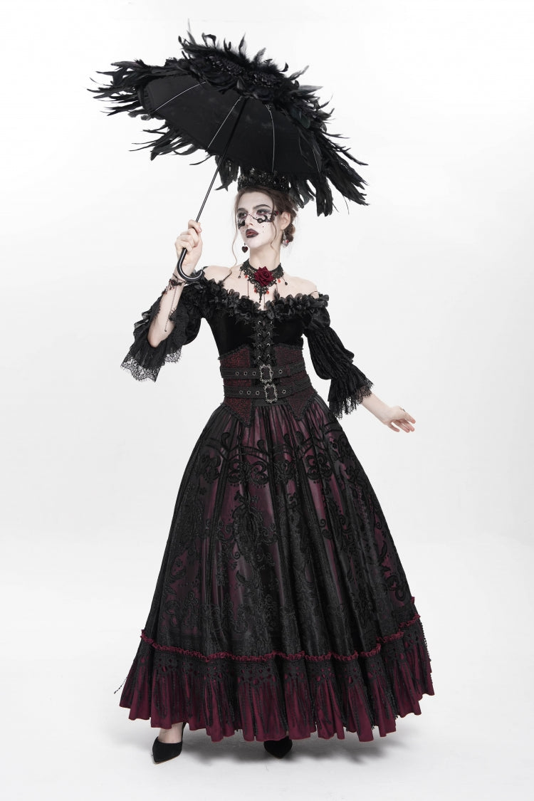 Scarlet Jacquard Embroidered Long Gothic Skirt with Buckle and Tassels