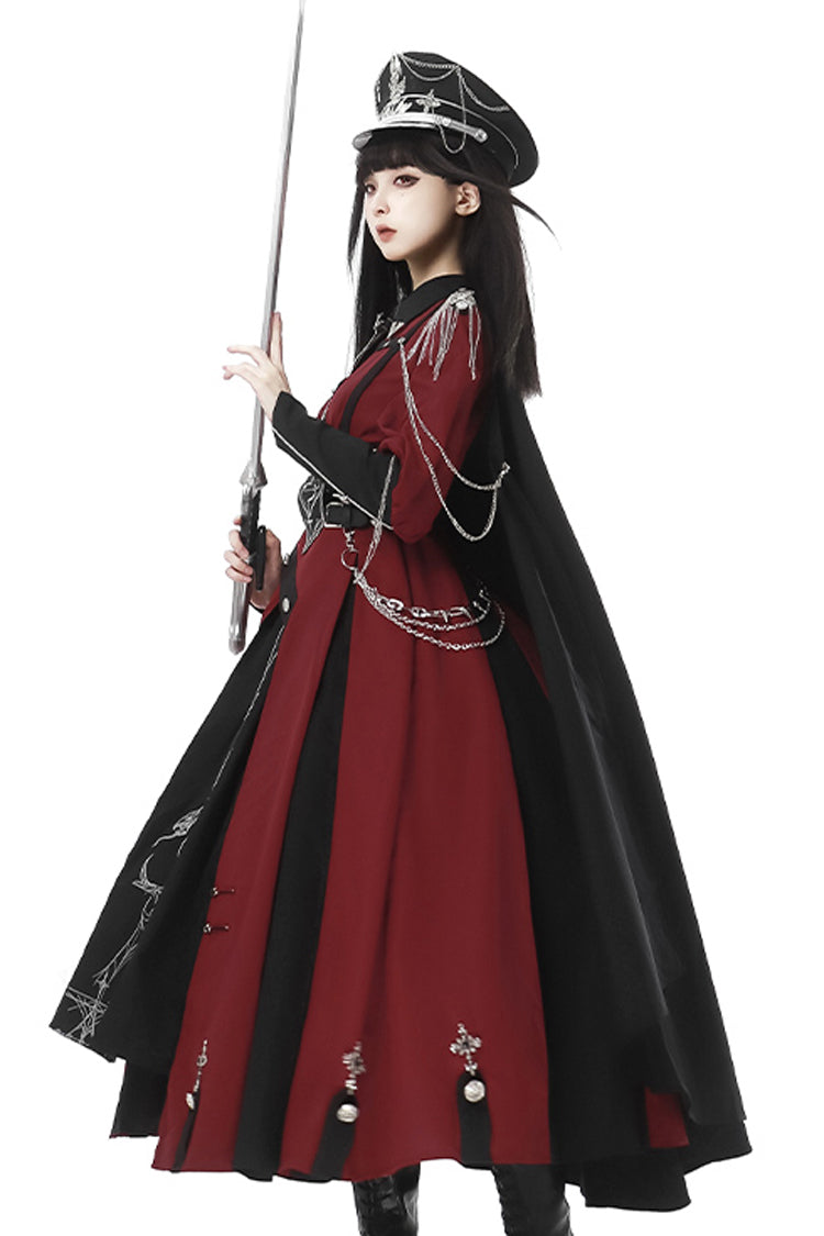 Red Black Metal Chain Print Bow Gothic Military Elegant Lolita Dress