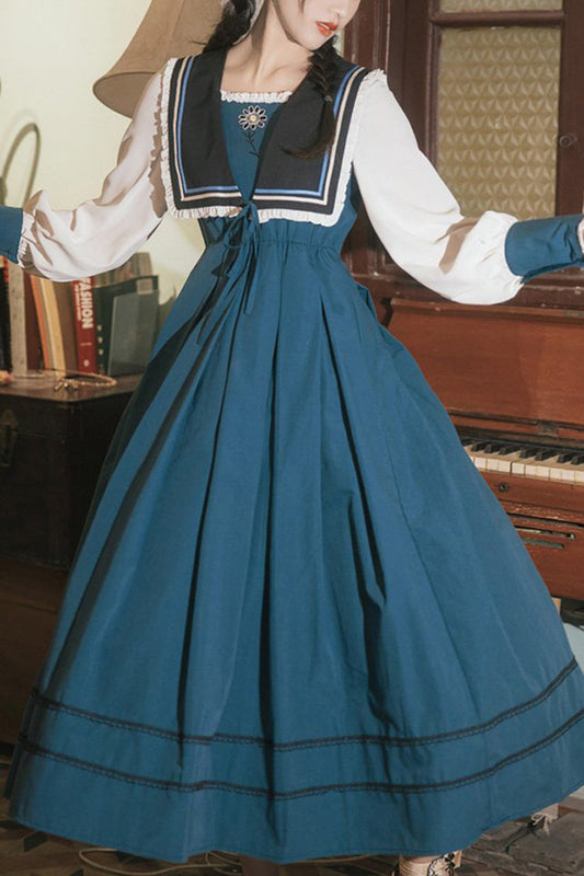 Multicolor Retro Sweet Lolita OP Dress with Long Lantern Sleeves and Embroidery - Altfashion Shop