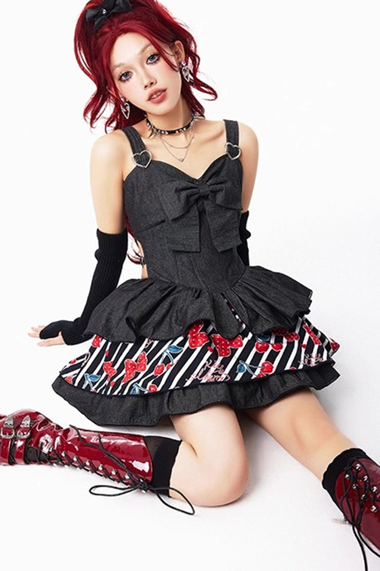 Triple-Layered Denim Print Ruffle JSK in Black