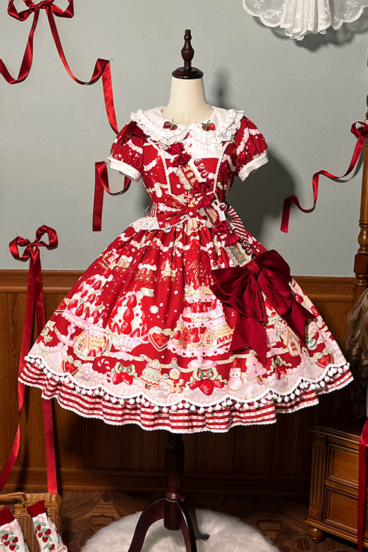 Mint Strawberry Dessert Printed Sweet Lolita Dress - Doll Collar Short Sleeved