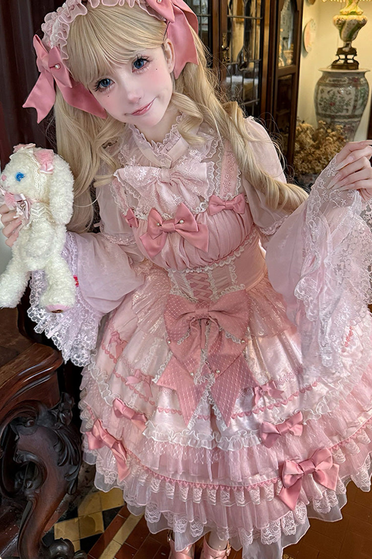 Pink Multi-Layered Ruffled Bow Lace Sweet Gorgeous JSK - Little Lovetine