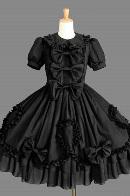 Black Cotton Gothic Lolita Dress Lapel Collar Short Sleeves Ruffled - Altfashion Shop