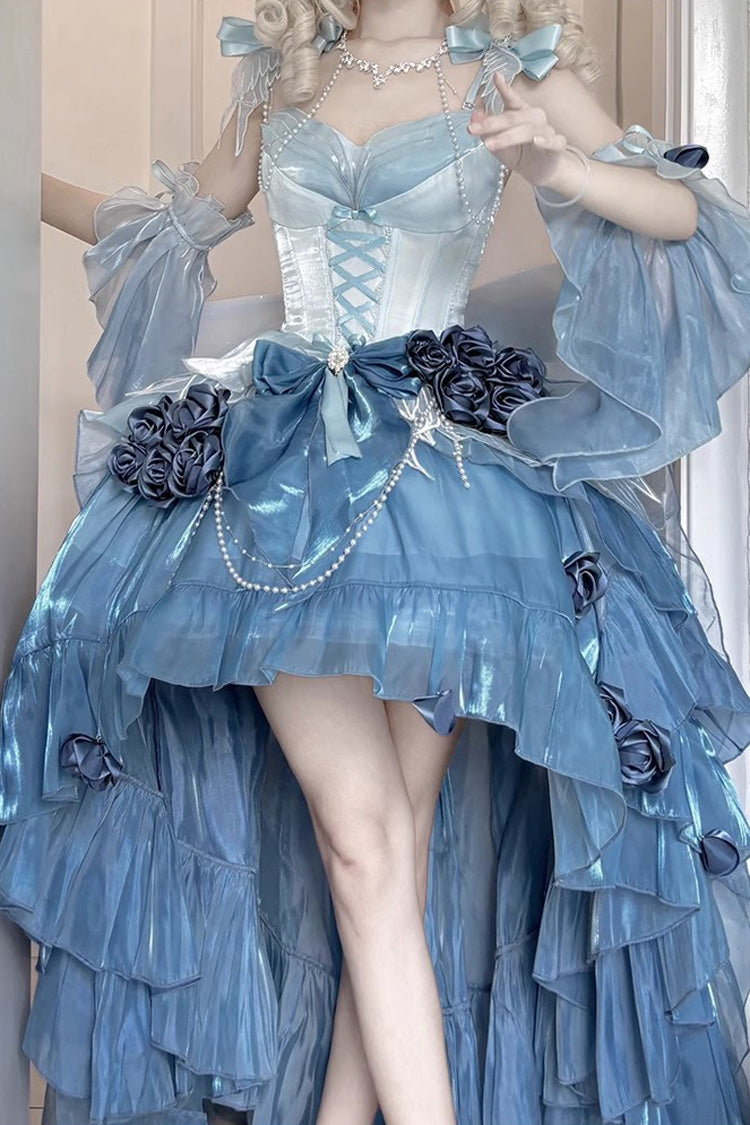 Sky Blue Swan Wonderland Embroidery Bowknot Lace-Up Irregular Ballet Jsk Dress