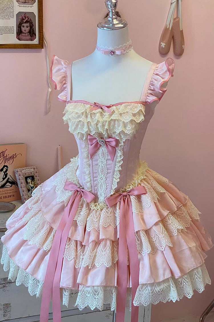 Pink Multi-Layered Ruffled Bow Lace Sweet Ballet Lolita Dress