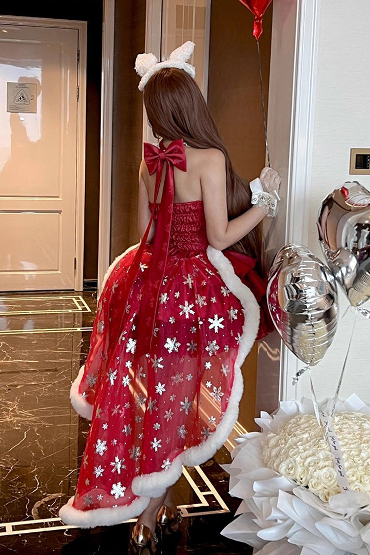 Red Sleeveless Triple-Layered Ruffle Hollow Bow Lace-Up Ballet Dress