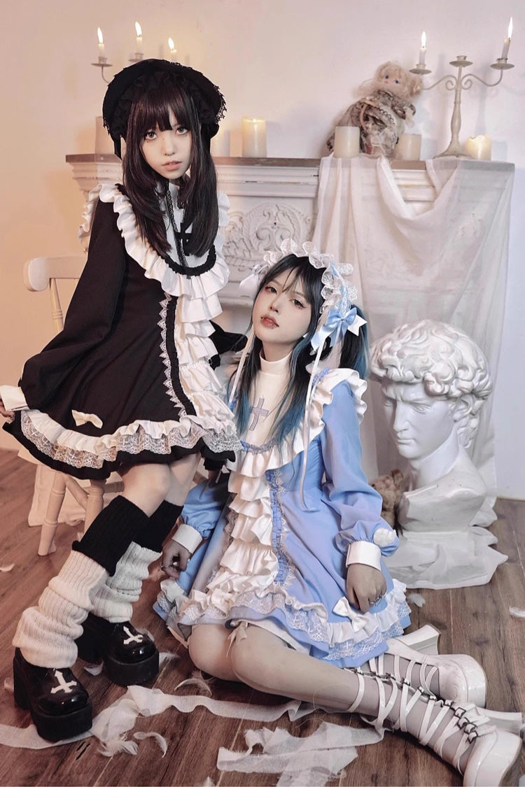 White/Black Long Sleeves Cross Print Nun Style Ruffle Multi-Layer Gothic Lolita Dress