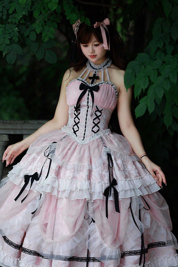 Pink Cross Halterneck Lace-Up Sweet Lolita Dress - Princess Ruffled Bowknot
