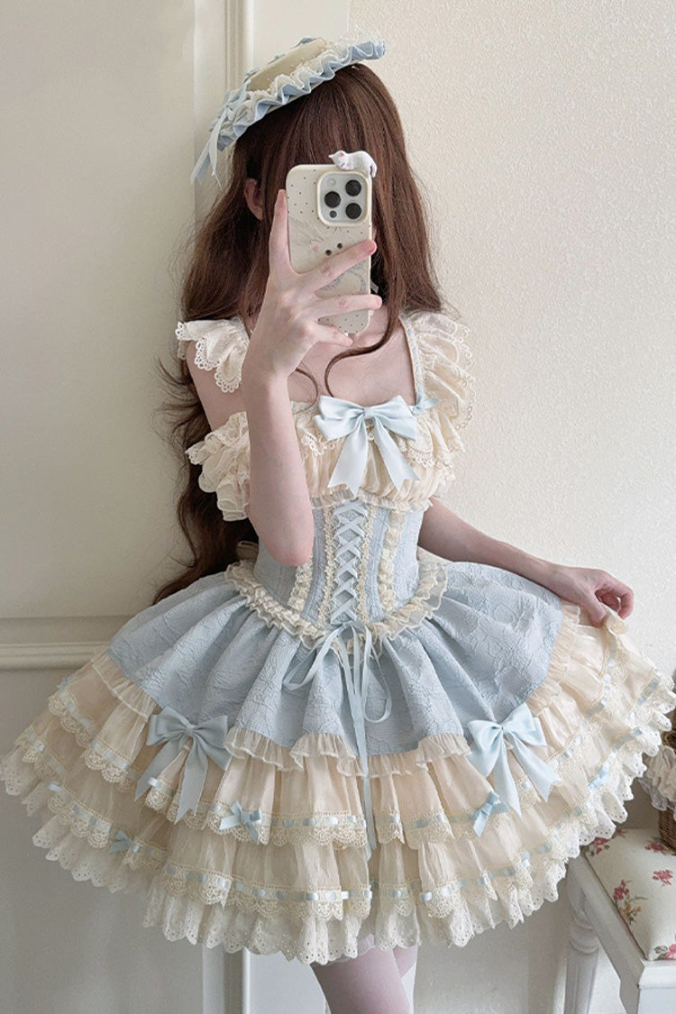Blue Double-Layered Ruffled Bow Lace-Up Sweet Ballet JSK - Flory Butterfly