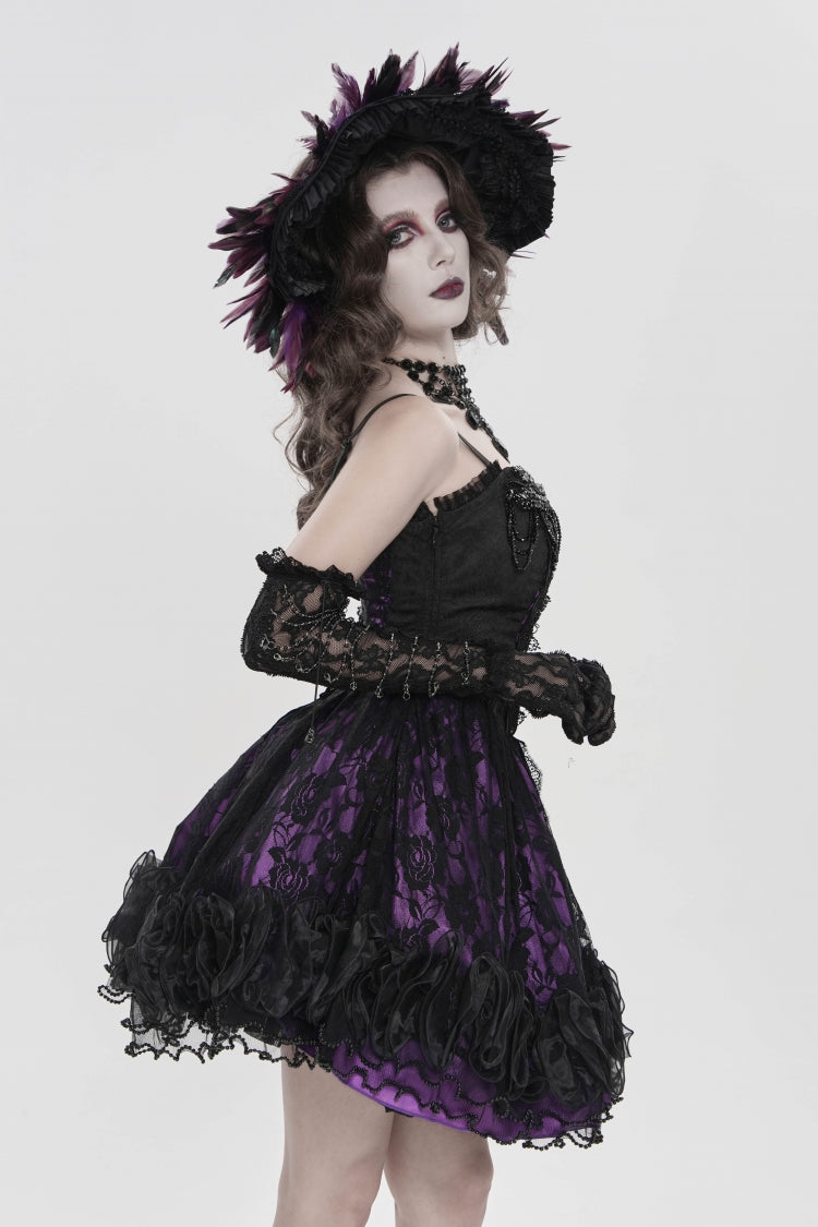 Off Shoulder Double-Layered Printed Cut-Out Lace Lace-Up Gothic Jsk Dress