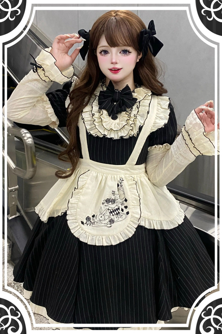 Stripe Print Ruffle Bowknot Sweet Plus Size Maid Black Short Sleeves Dress