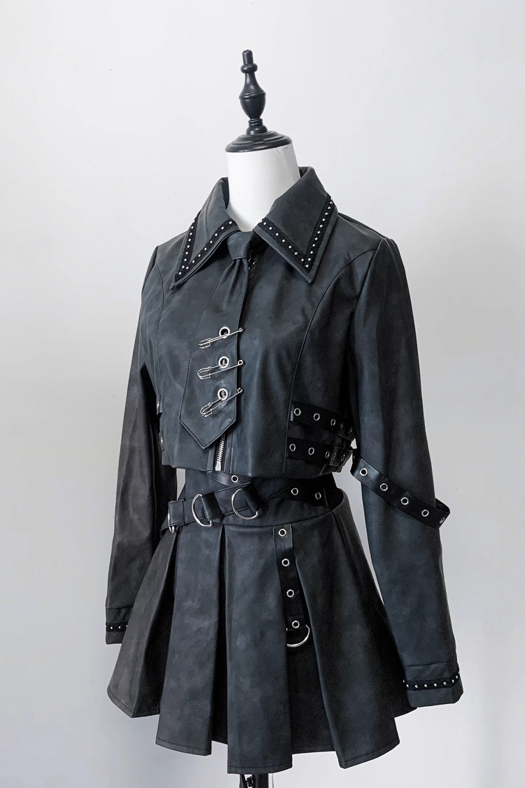Eternal Night Lapel Collar Studded Eyelet Gothic Handsome Top Skirt Set