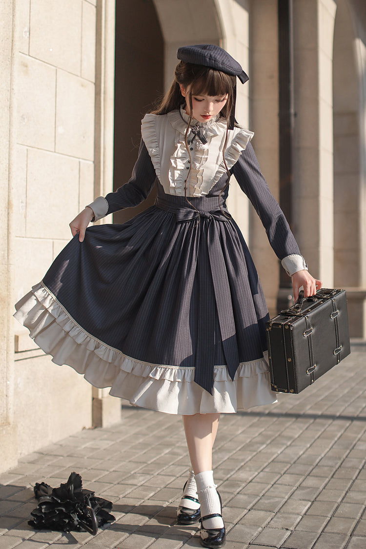 Striped Ruffle Bowknot Long Sleeve College Style Lolita Dress Dark Blue