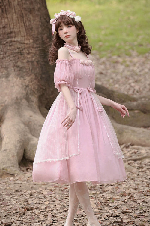 Boat Neck Bubble Short Sleeve Blossom-Adorned High-Waist Girly Lolita Dress