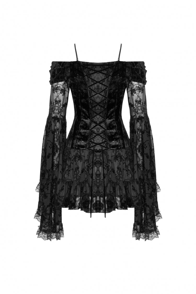 Off Shoulder Long Trumpet Sleeves Velvet Spliced Mesh Gothic Graduation Dress
