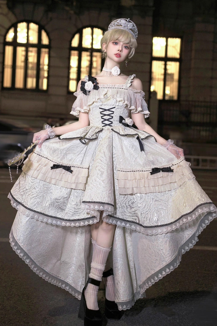 Ivory and Black Elegant Princess Lolita JSK Dress with Ruffle and Bowknot