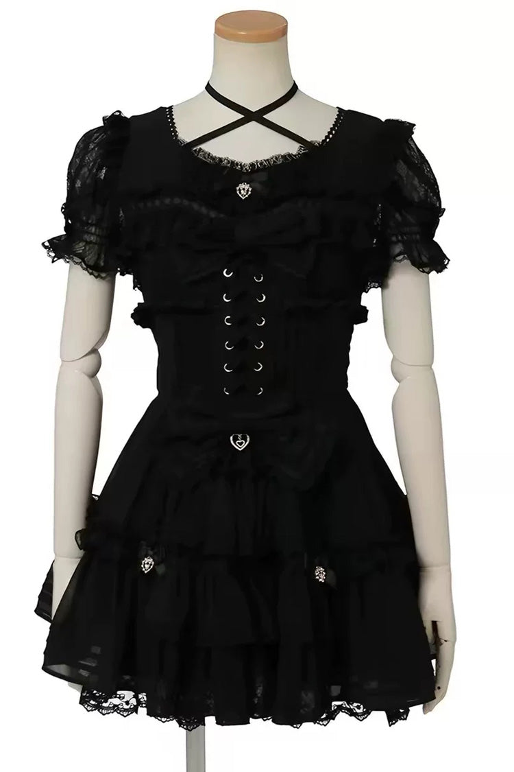 Ruffled Lace-Up Bow Print Long Sleeve Jirai Dress Set with Triple Layers