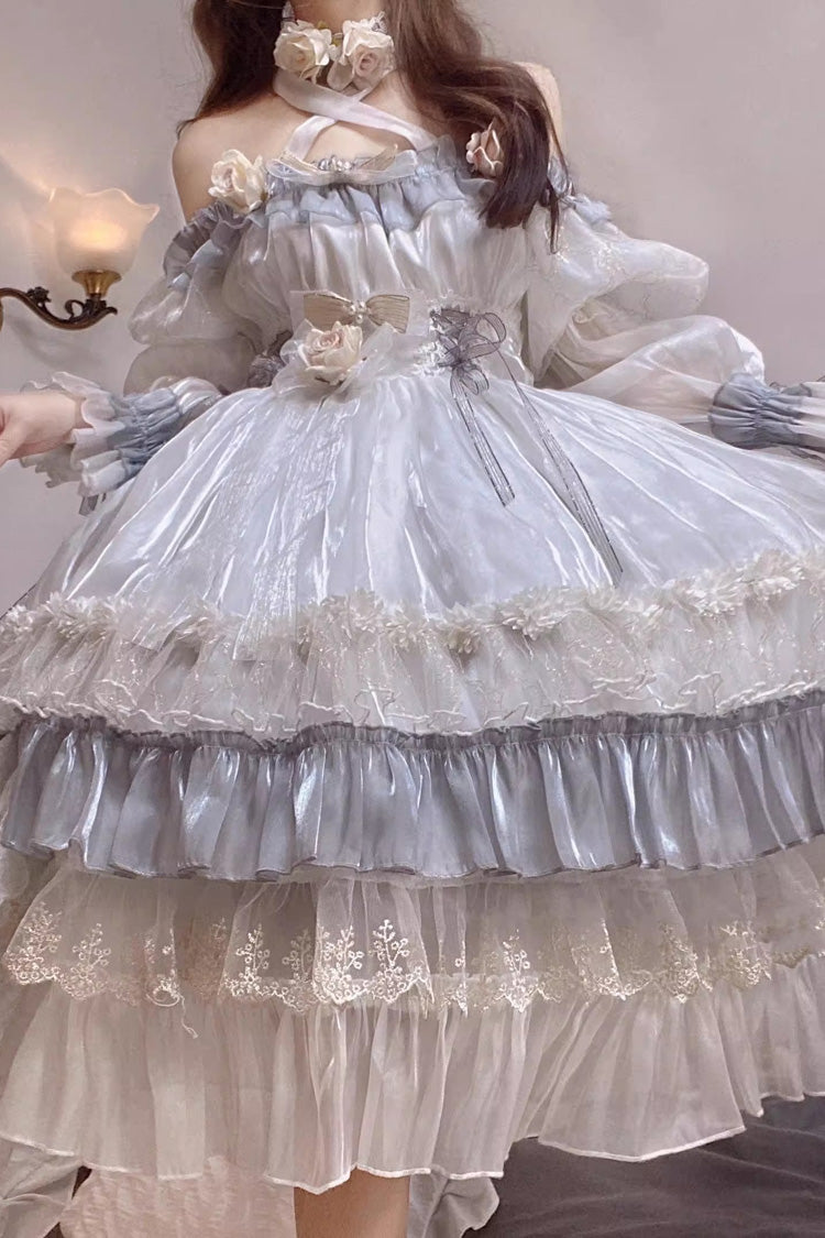 Long Sleeve Multi-Layer Ruffle Bow Lace Lace-Up Sweet Princess Lolita Dress - Grey Blue