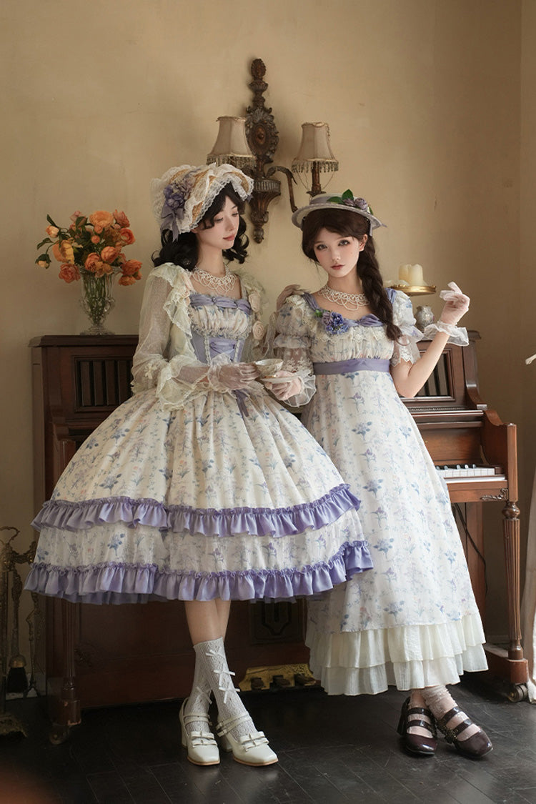 Ivory Purple Short Sleeve Double-Layered Ruffle Lace Bowknot Sweet Dress