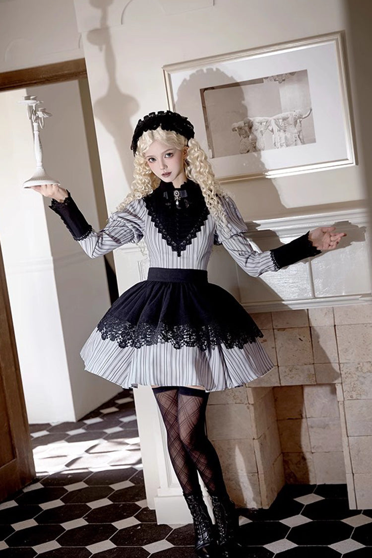 Grey Vertical-Stripe Bow Lace Gothic Gown