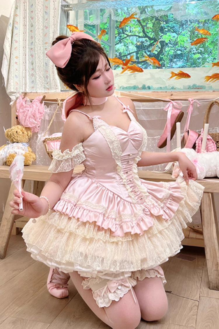 Pink Multi-Layered Ruffled Bow Lace Sweet Ballet Lolita JSK Dress