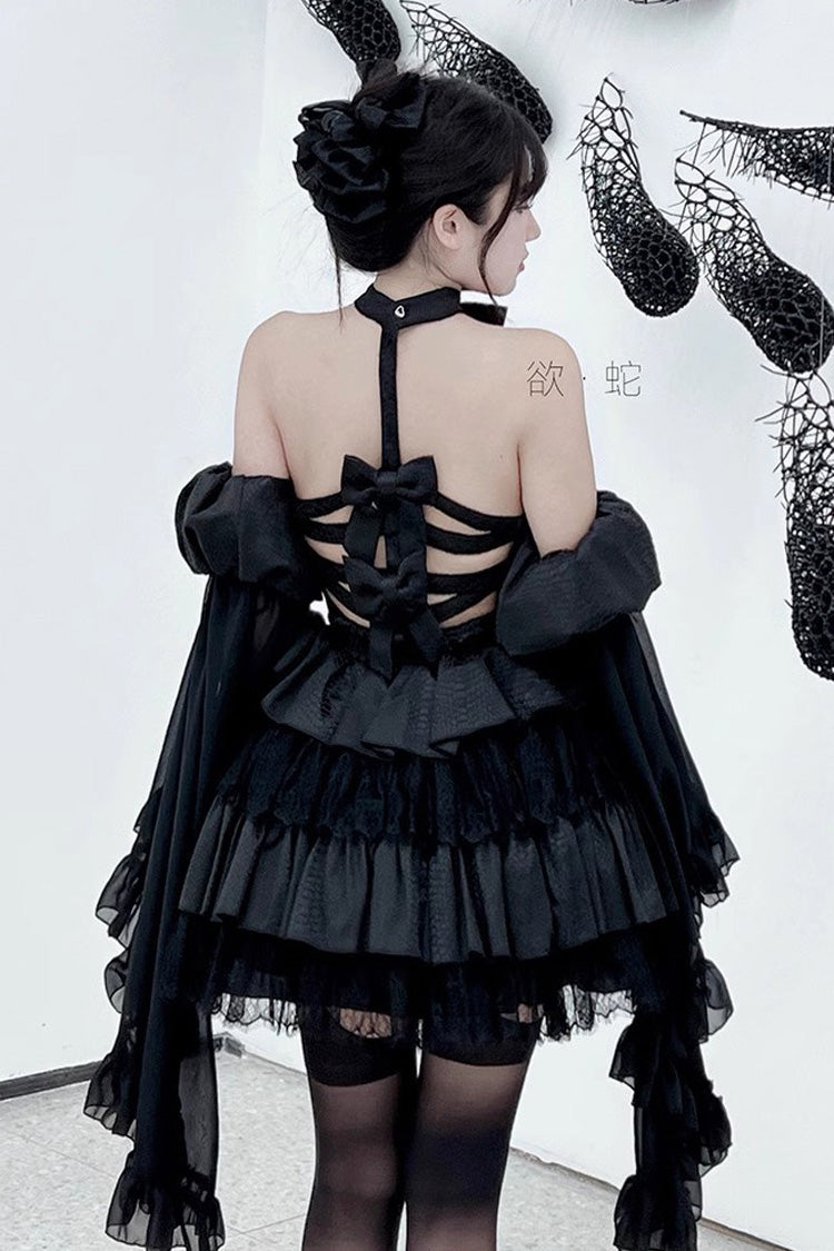 Gothic Lolita Snake Halterneck Dress with Multi-Layer Ruffles