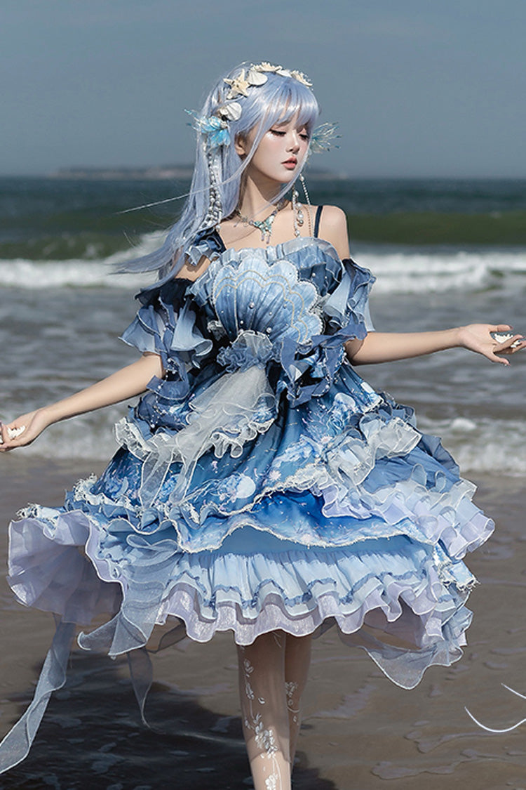 Blue Gradient Lace Embroidery Bowknot Asymmetric Elegant JSK Dress