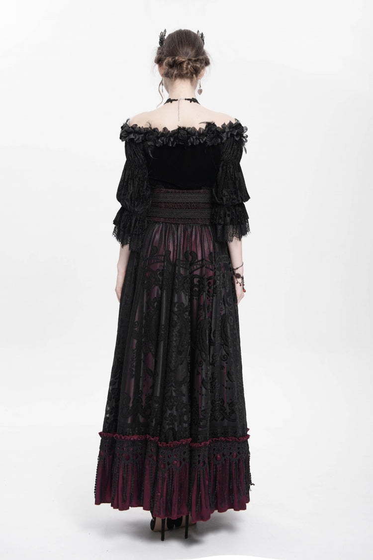 Scarlet Jacquard Embroidered Long Gothic Skirt with Buckle and Tassels