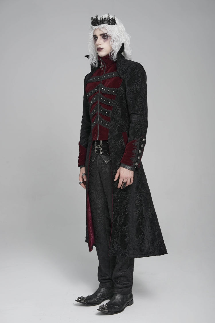 Noir & Red Crystal-Trimmed Printed Zip Gothic Overcoat